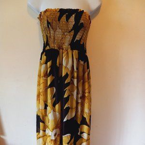 STRAPLESS YELLOW AND BLACK FLORAL MAXI DRESS